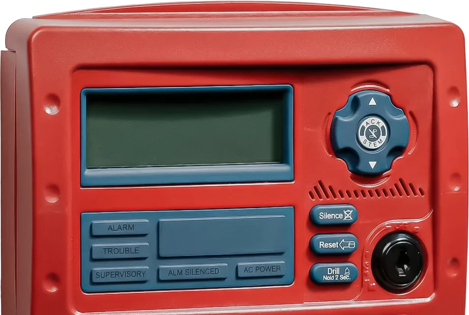 Red annunciator panel with a display and keypad