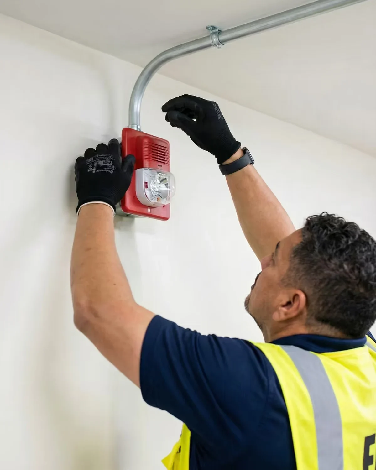 Technician adjusting a wall-mounted alarm device
