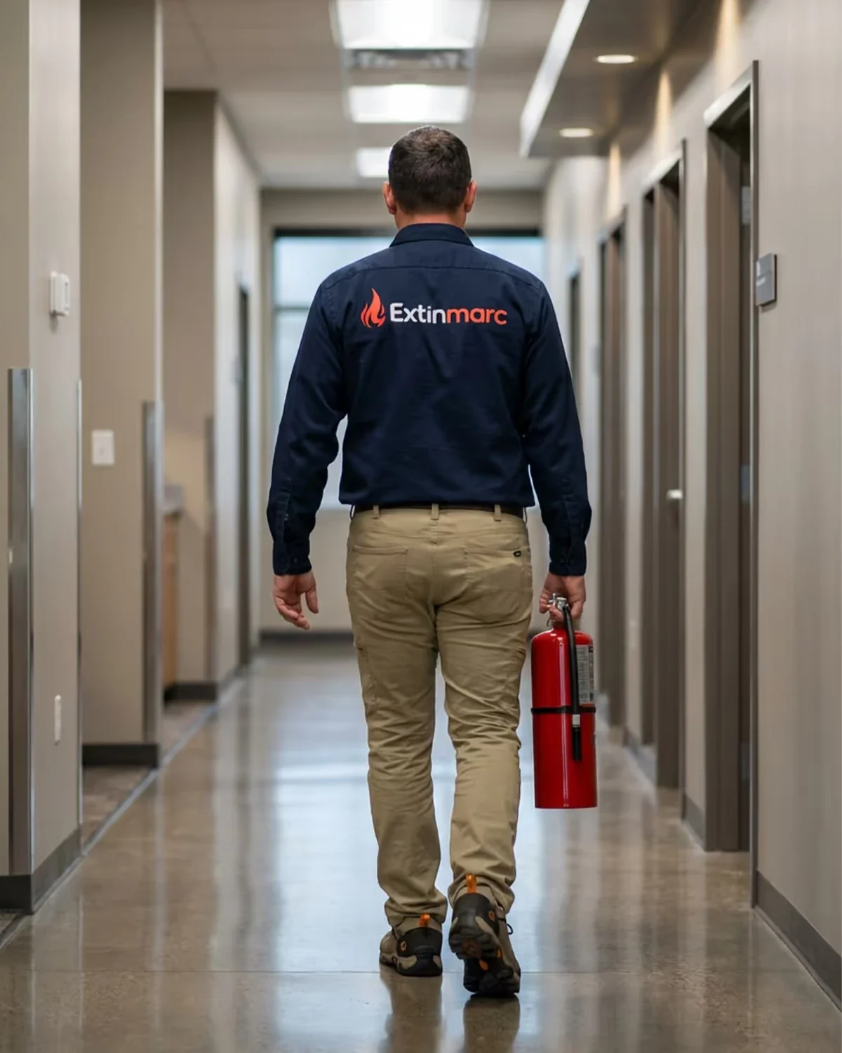 Extinmarc technician carrying fire extinguishers along a corridor