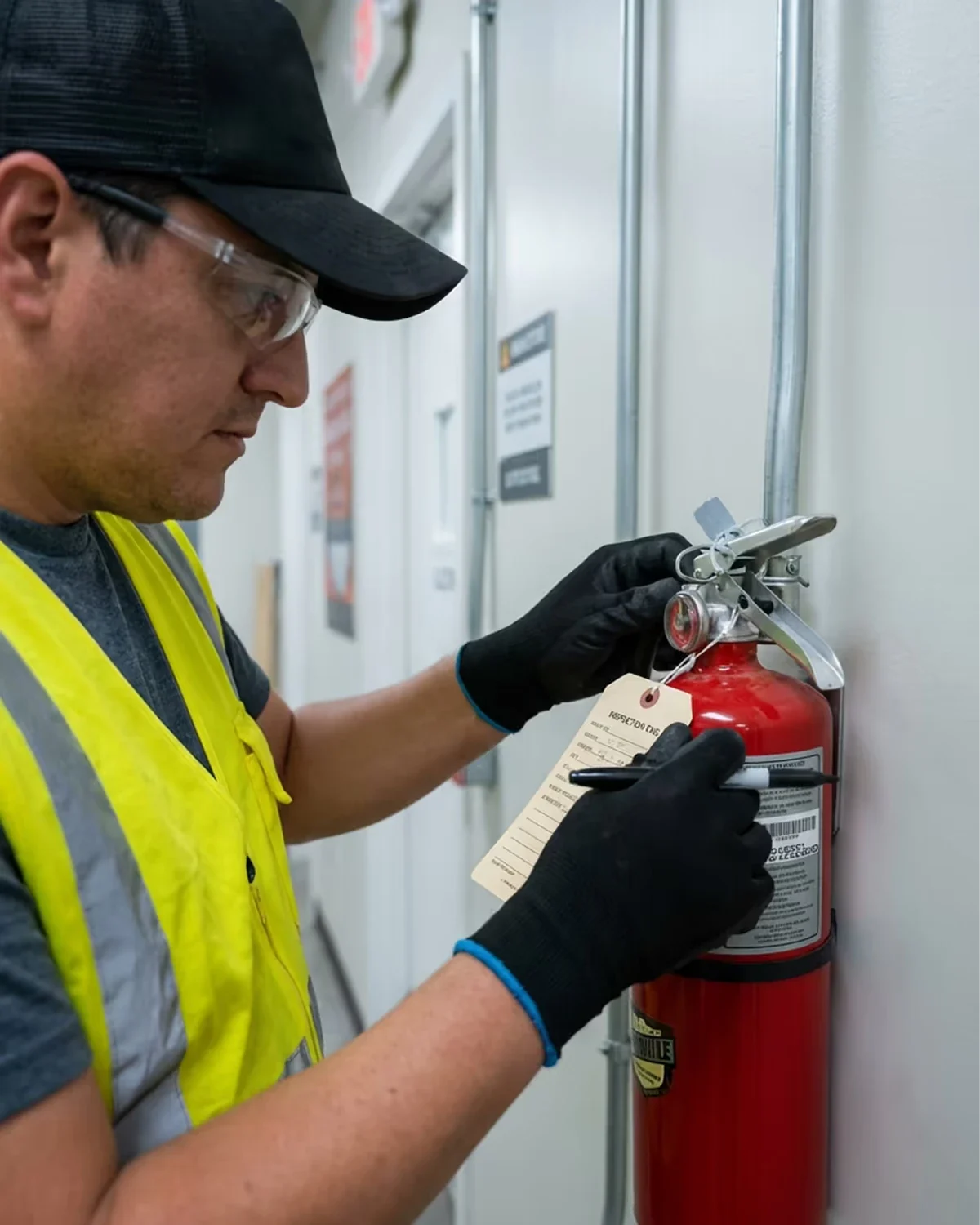 Technician checking a wall-mounted fire extinguisher