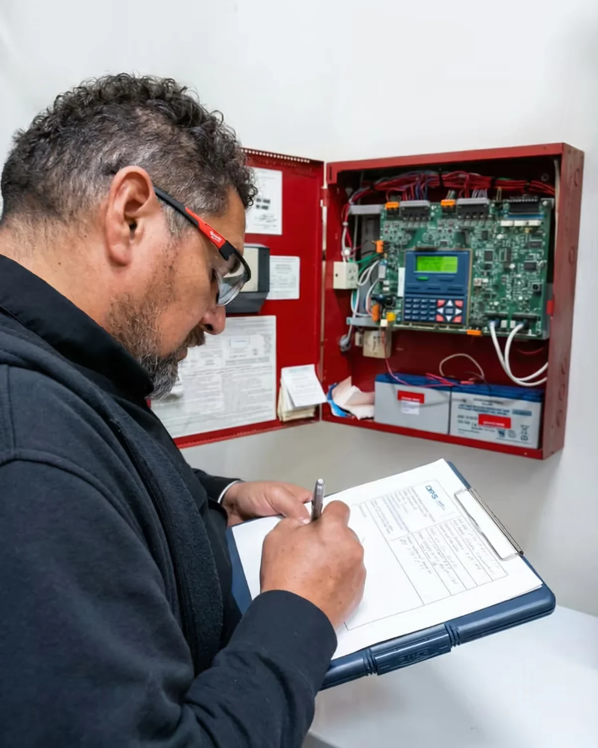 Technician recording an inspection beside an open fire alarm panel