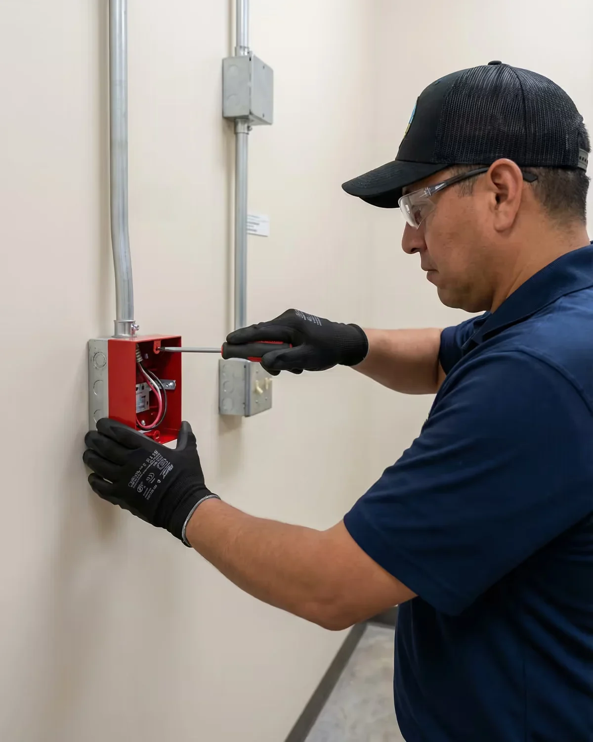 Technician inspecting a fire alarm pull station