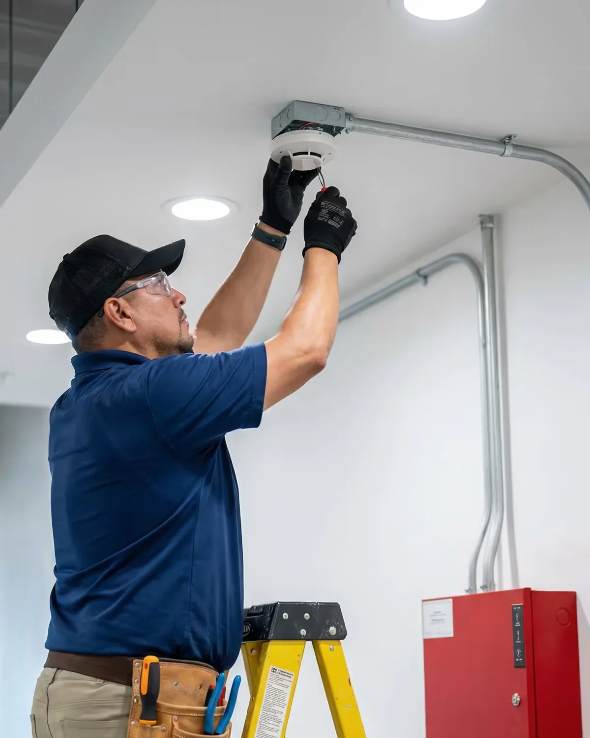 Technician working on a ceiling-mounted fire alarm device