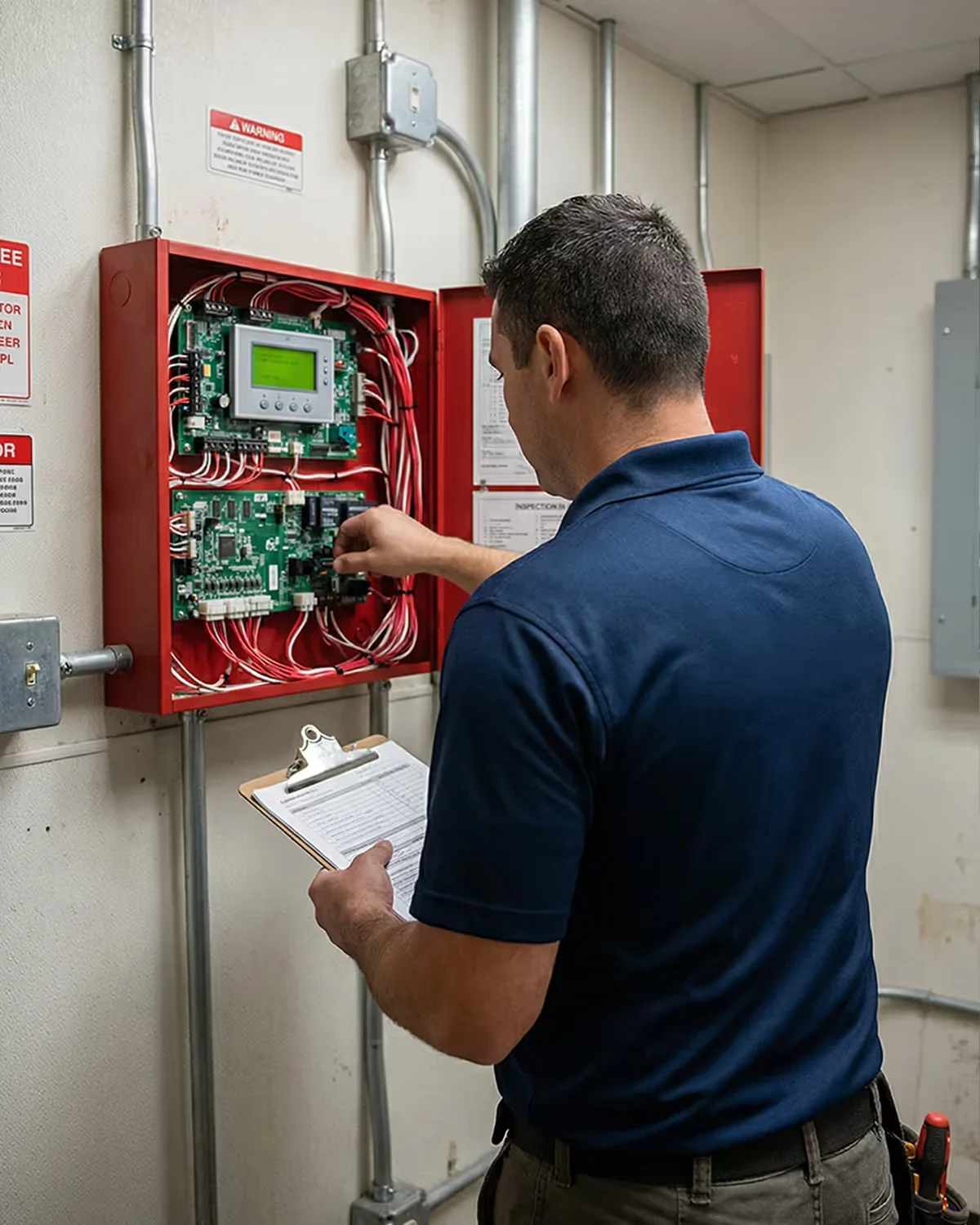 Technician servicing an open fire alarm control panel