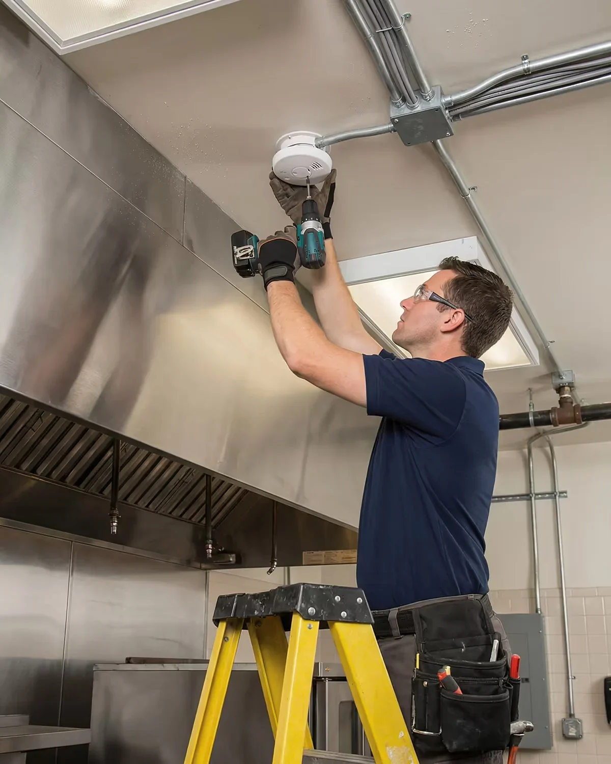 Technician servicing equipment above a commercial kitchen hood