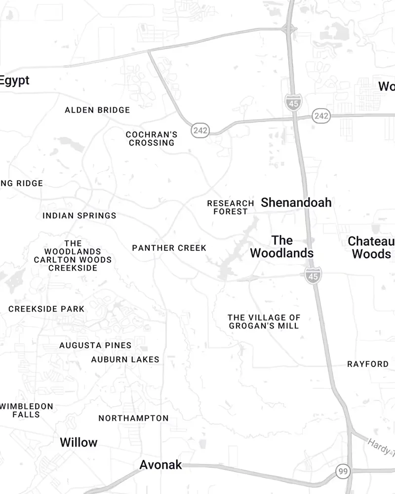 Map of The Woodlands and nearby Texas communities