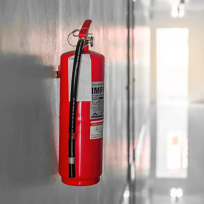 Red fire extinguisher mounted on a wall